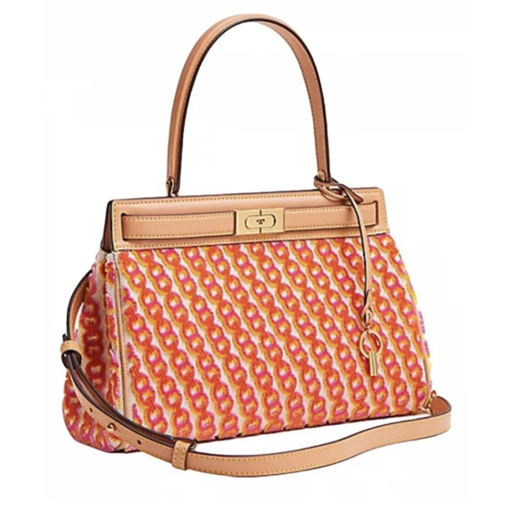 Tory Burch Pink Orange Patterned Satchel with Tan Trim